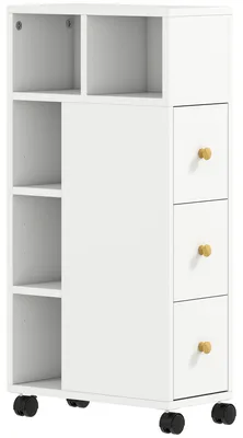 Produktbild von Badezimmerschrank Schmal, Badschrank mit 4 Rollen, 3 Schubladen, 5 offenen Fächern, 20x40x80cm, Weiß