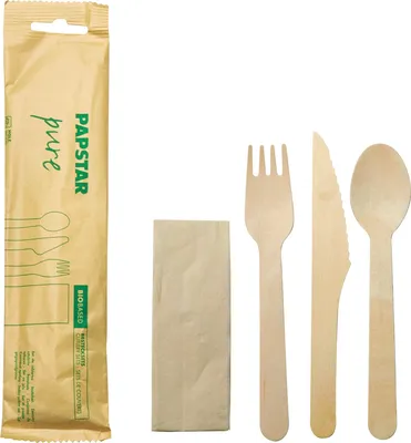 Produktbild von Besteckgarnitur pure Einweg je 1 x Serviette Messer Gabel Lffel Holz braun
