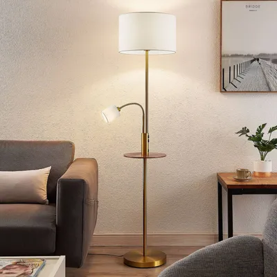 Produktbild von Lindby Stehlampe Aovan, bronzefarben, Ablage, USB-Anschluss