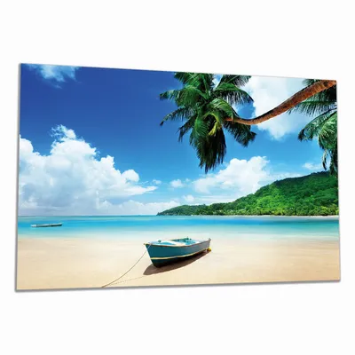 Produktbild von Wallario Herdabdeckplatte aus Glas, Größe 90 x 52 cm 1-teilig, Motiv Urlaub am Palmenstrand unter Palmen mit Fischerboot