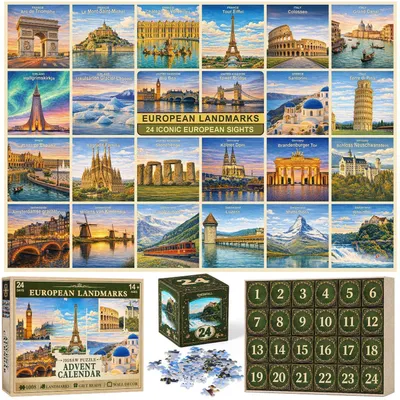 Zdjęcie produktu dla Kalendarz adwentowy z puzzlami, 1008 elementów, przedstawiający 24 europejskie zabytki, przeznaczony dla dorosłych