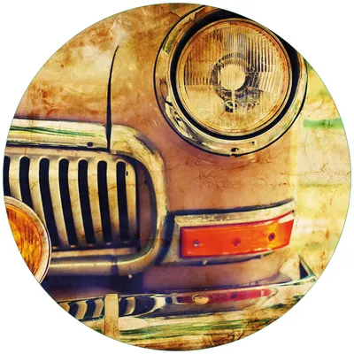 Produktbild von Wallario Premium Glasbild, freischwebende Optik, kräftige Farben, rund 50cm Durchmesser, Motiv Antiker Oldtimer in Sepiafarben - Frontansicht