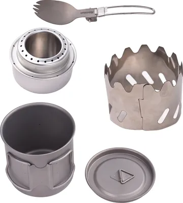 Produktbild von Camping-Kochset Ti 500ml Tasse Gabel Löffel Alkohol Kocher Windschutz Tragbare Camping-Kochsets für 1 Person