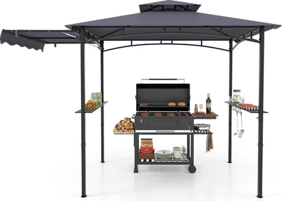 Immagine prodotto di COSTWAY gazebo per barbecue con tenda laterale, doppio tetto, 2 ripiani laterali e ganci, gazebo da giardino per barbecue resistente alle intemperie 318x153x250cm grigio scuro
