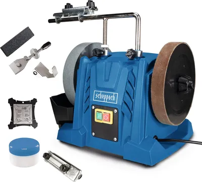 A blue wet sharpening system with various accessories laid out around it on a white background.