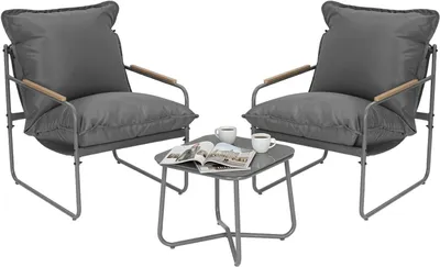 Produktbild von WOLTU 3-teilig Balkonmöbel Set, 2 Sessel & Couchtisch, Metallrahmen 160kg Grau
