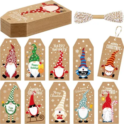 Productafbeelding van Kerstcadeaulabels - 8,5 x 4,2 cm - Kabouter-ontwerp - 50 stuks met touwtje
