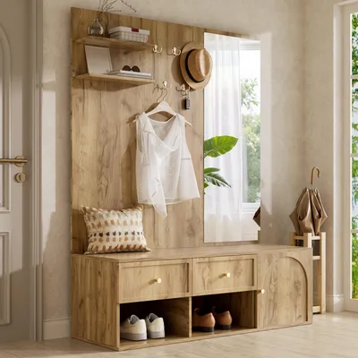 Produktbild von STILVORA Garderobenset mit Spiegel und Sitzbank, Wandgarderobe mit Schubladen und Schrankfach, Garderobenpaneel mit 5 Haken und Regal