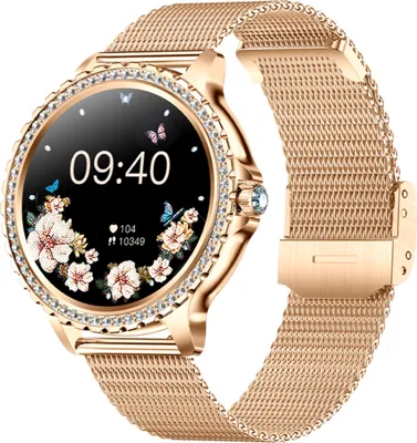A close-up studio shot of a gold-colored smartwatch with a Milanese steel band.