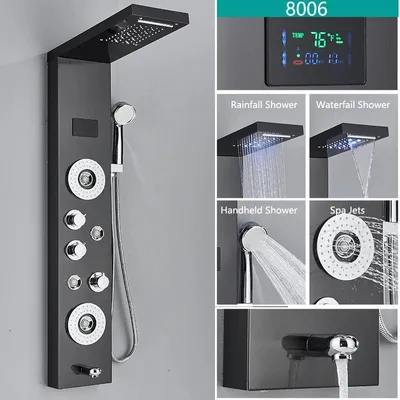 Immagine prodotto di Pannello doccia LED - Sistema doccia a pioggia per vasca da bagno - display digitale della temperatura - getti massaggio SPA - miscelatore a 3 manopole - acciaio inossidabile 304 - nero 8006
