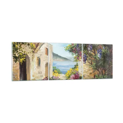 Produktbild von Bilder auf glas - 3 Teile - Haus Santorini Blumen - 120x40cm - Glasbilder - Wandbilder - Bilder - zum Aufhängen bereit - Wanddekoration aus Glas - Glas Bilder - Wandbild auf Glas - GCA120x40-4191