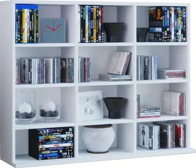 Immagine prodotto di Ripiano in legno in piedi | Armadio CD salvaspazio per 480 CD o 224 DVD | Dimensioni:H. 82 x W. 102 x D. 23 cm | Elegante ripiano DVD in piedi | Ripiano Blu-Ray | Scaffale CD Megosa L