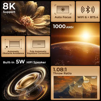 Obrázok produktu pre Projektor Beamer – 1000 ANSI lúmenov – rozlíšenie 1080p – operačný systém Android 14 – projektor pre domáce kino