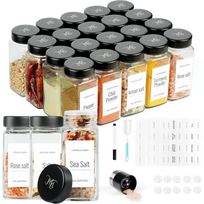 Immagine prodotto di Set di 20 contenitori quadrati per spezie, capacità 120 ml, in vetro con coperchi in acciaio inossidabile e accessori
