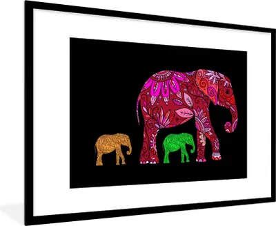 Produktbild von MuchoWow® MuchoWow® Gerahmtes Poster Elefanten - Muster - Blumen - Pflanzen 90x60 cm - Poster mit zchwarzem Bilderrahmen - Wanddekoration - Fotos