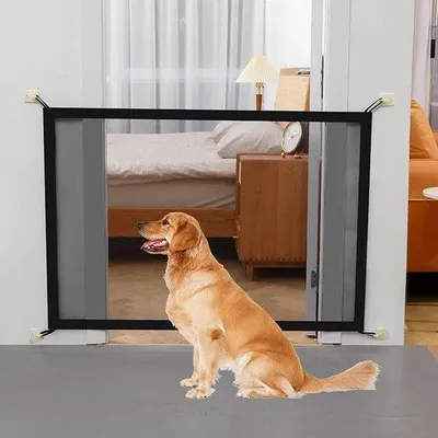 Image de Barrière de sécurité en nylon Unyqoos® pour enfants et animaux domestiques, résistante à la déchirure, sans perçage – avec des crochets adhésifs, pliable et lavable, pour portes et escaliers