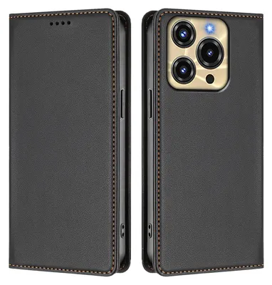 A black leather flip case for a smartphone, shown from the front and back.