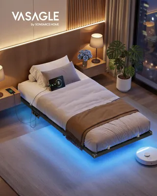 Obrázek produktu pro Rám postele VASAGLE 90 x 200 cm s LED osvětlením, portem USB-C, zásuvkovou lištou, do ložnice, nosnost až 250 kg, černý