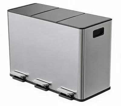 Immagine prodotto di Contenitore per rifiuti da cucina, sistema di separazione dei rifiuti - Secchio a pedale, capacità 3 x 15 litri - 3 scomparti - Pedali colorati - Coperchio con contenitori interni - Acciaio inossidabile - Argento