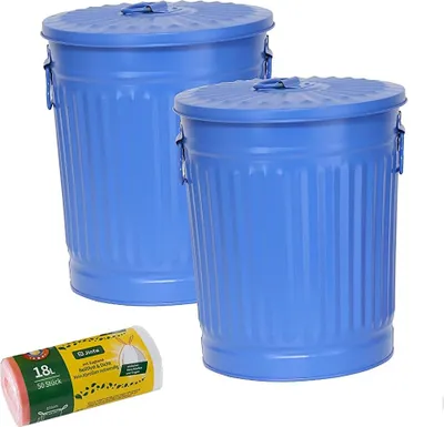 Produktbild von Jinfa 2er-Set Retrodesign Mülleimer mit Griffen und Deckel + 50 Müllbeutel | Blau | 18L