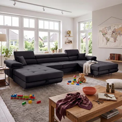 Produktbild von MUFFO Ecksofa U-Form ALONZO U mit Schlaffunktion 130x280 Velours Schwarz, KI-generiertes Bild