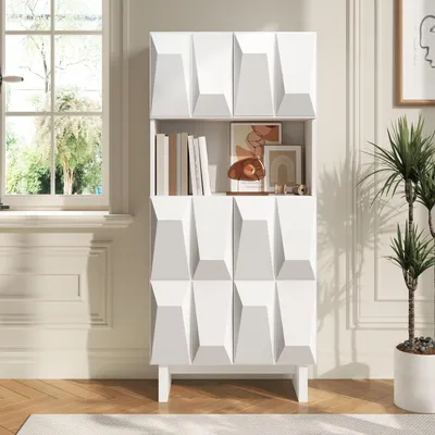 Productafbeelding van Vitrinekast met 4 deuren, open vak, staande vitrine met verstelbare planken, vitrinekast 60,5 x 34 x 135,5 cm, geschikt voor woonkamer of werkkamer, wit