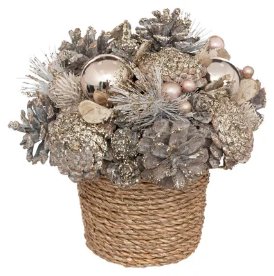 Produktbild von Dekoration aus Zapfen und Christbaumkugeln in geflochtenem Blumentopf, 19 cm
