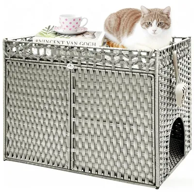 Immagine prodotto di Armadietto per lettiera per gatti, in rattan, grigio, 77x47x61 cm