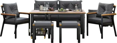 Produktbild von Tuin Loungeset für Garten oder Terrasse – 7-teilig – Für 6–7 Personen – Mit Sesseln, Bank, Hockern & Servierwagen – Abnehmbare & Waschbare Bezüge – Acacia-Holz – Grau