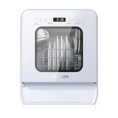 Productafbeelding van AIRMSEN Mini vaatwasser, compact model met een waterreservoir van 5 liter, 7 spoelprogramma's, automatische reiniging, timerfunctie (start tot 24 uur vooruit), energiezuinig, wit
