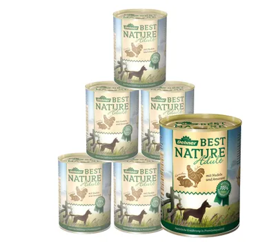 Produktbild von Dehner Best Nature Hundefutter, Nassfutter getreidefrei, für ausgewachsene Hunde, Huhn / Kaninchen / Nudeln, 6 x 400 g Dose (2.4 kg)