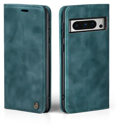 A teal flip-style phone case for a Google Pixel 8 Pro, shown from the front and back.