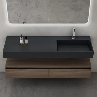 Produktbild von doporro Waschtisch mit Unterschrank Badmöbel-Set Design Waschplatz 150x48x25cm Badzimmerschrank Up inkl. Minralguss-Waschbecken Eiche Wandmontage