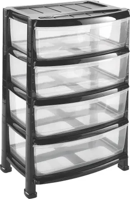 A four-drawer plastic storage unit on a white background.