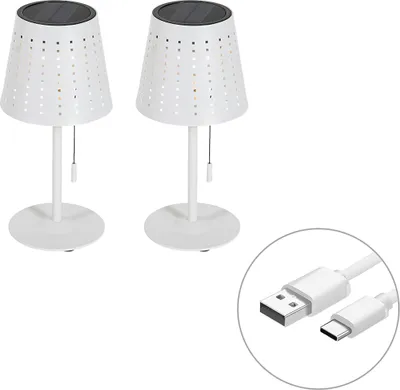Produktbild von QAZQA - Design Set mit 2 Tischleuchte I Tischlampe I Lampe I Leuchten Weiß inkl. LED 3-stufig dimmbar wiederaufladbar und Solar - Ferre Dimmer I Dimmbar I Außenbeleuchtung - Aluminium Länglich - I (ni