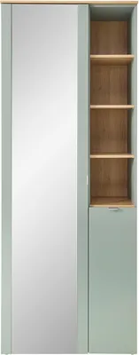 A full-length shot of a wardrobe with a mirrored door and open shelving.