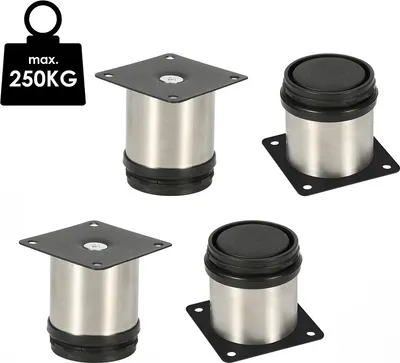Four stainless steel furniture legs with black adjustable feet and mounting plates are displayed against a white background. A black graphic with white text indicating 'max. 250KG' is present in the top left corner.