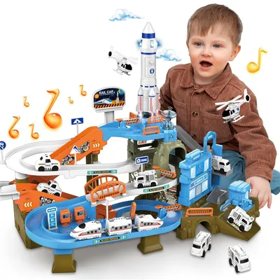 Produktbild von Interaktives Spielset mit Rennstrecke und Parkplatz zum Selberbauen fuer Kinder, mit Musik, 4 Etagen, lehrreich und unterhaltsam, Montessori-STEM, ab 3 Jahren, Weltraum,Weiss