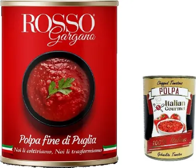 Produktbild von 48x Rosso Gargano pomodori Polpa fine di Puglia, polpa di Pomodoro Tomatenpulpe Tomaten sauce 100% Italienisch 400g in dose + Italian Gourmet polpa 400g