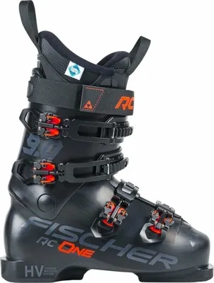 A single black ski boot is shown against a white background.