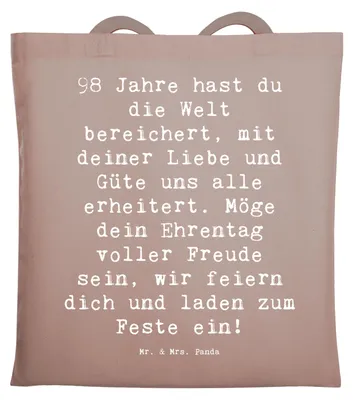 Produktbild von Mr. & Mrs. Panda Tote Bag Spruch 98. Geburtstag - Braun Pastell - Geschenk, Laptoptasche, Geburtstagsspruch, Jutebeutel, Menschen, Unitasche, Tragetasche, Tasche, Alter