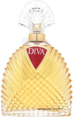 A perfume bottle with a decorative cap and a red label.