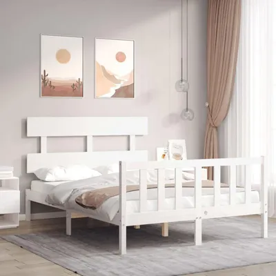 Zdjęcie produktu dla Biały drewniany stelaż łóżka 120x200 cm - minimalistyczny design z eleganckim zagłówkiem