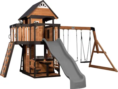 Image de Backyard Discovery Canyon Creek Aire De Jeux En Bois | Portique Balançoire Avec Parois Rocheuses | Portique Balançoire Avec Mur Escalade, Toboggan Et