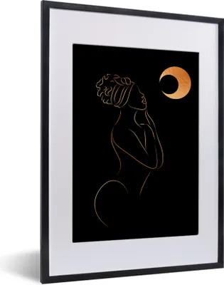 Produktbild von MuchoWow® Gerahmtes Poster Frau - Mond - Gold - Strichzeichnung 30x40 cm - Poster mit Schwarzem Bilderrahmen Wandposter Rahmen Foto Bilder - Wandposter Schlafzimmer