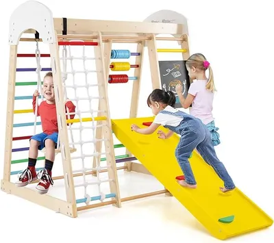 Imagen del producto de Estructura de escalada, juguete para escalar con tobogán, columpio, ábaco, pizarra, red de escalada, pared de escalada y escalera, torre de escalada de madera, parque infantil interior para niños a partir de 3 años (de colores)