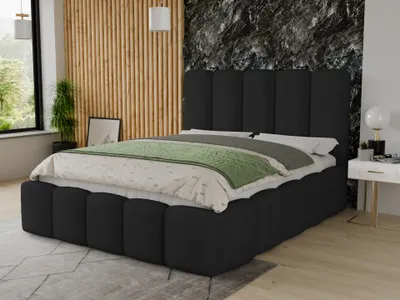 Produktbild von Polsterbett Aura - Bettkasten mit Gasdruckfedern - Doppelbett mit Lattenrost, Bett mit Polsterkopfteil, Bettgestell, Schlafzimmer, Bouclé-Stoff (140 x 200 cm, Schwarz (Coral 60))
