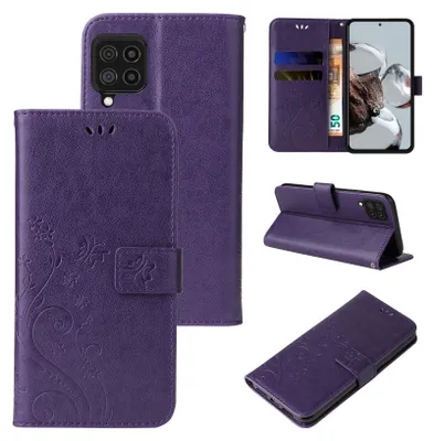 A collage of images showing a purple floral flip phone case from different angles, including its interior card slots and how it functions as a stand.