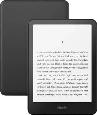 A black e-reader is shown from a diagonal front view, with the screen displaying text.