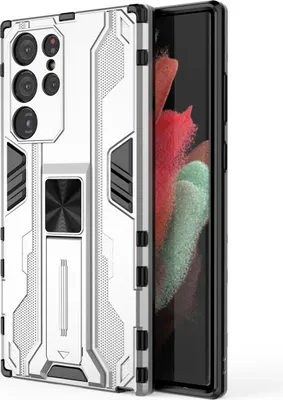 Produktbild von Galaxy S22 Ultra 5G Hülle, Dual Layer PC TPU Bumper Stoßfest Ständer Schutzhülle für Samsung Galaxy S22 Ultra 5G Silber